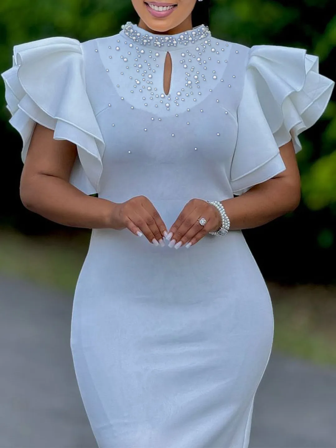 Glamorous Ruffle Sleeve Keyhole Dress with Elegant Beading