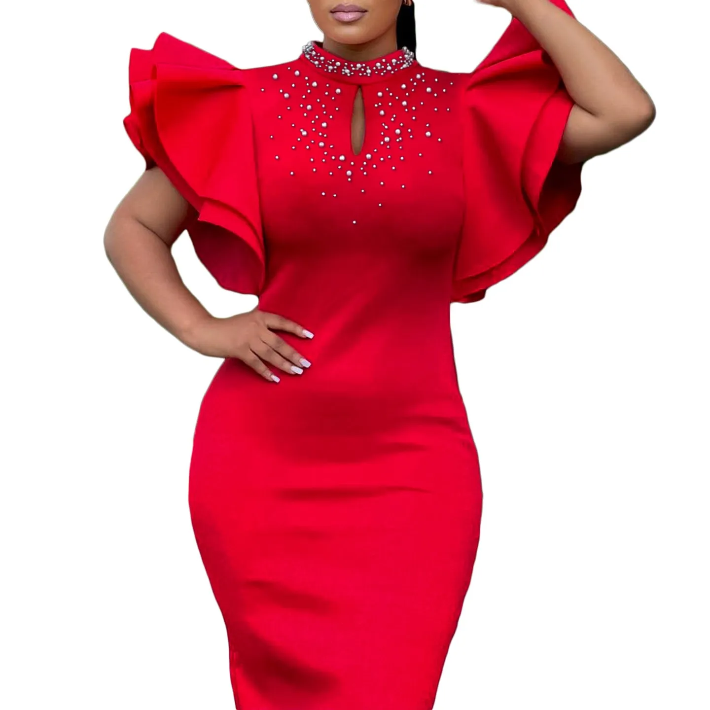 Glamorous Ruffle Sleeve Keyhole Dress with Elegant Beading