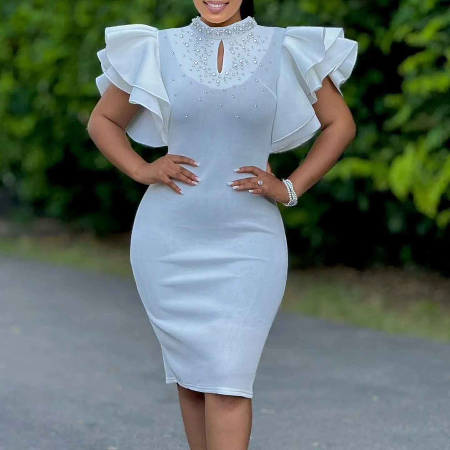 Glamorous Ruffle Sleeve Keyhole Dress with Elegant Beading