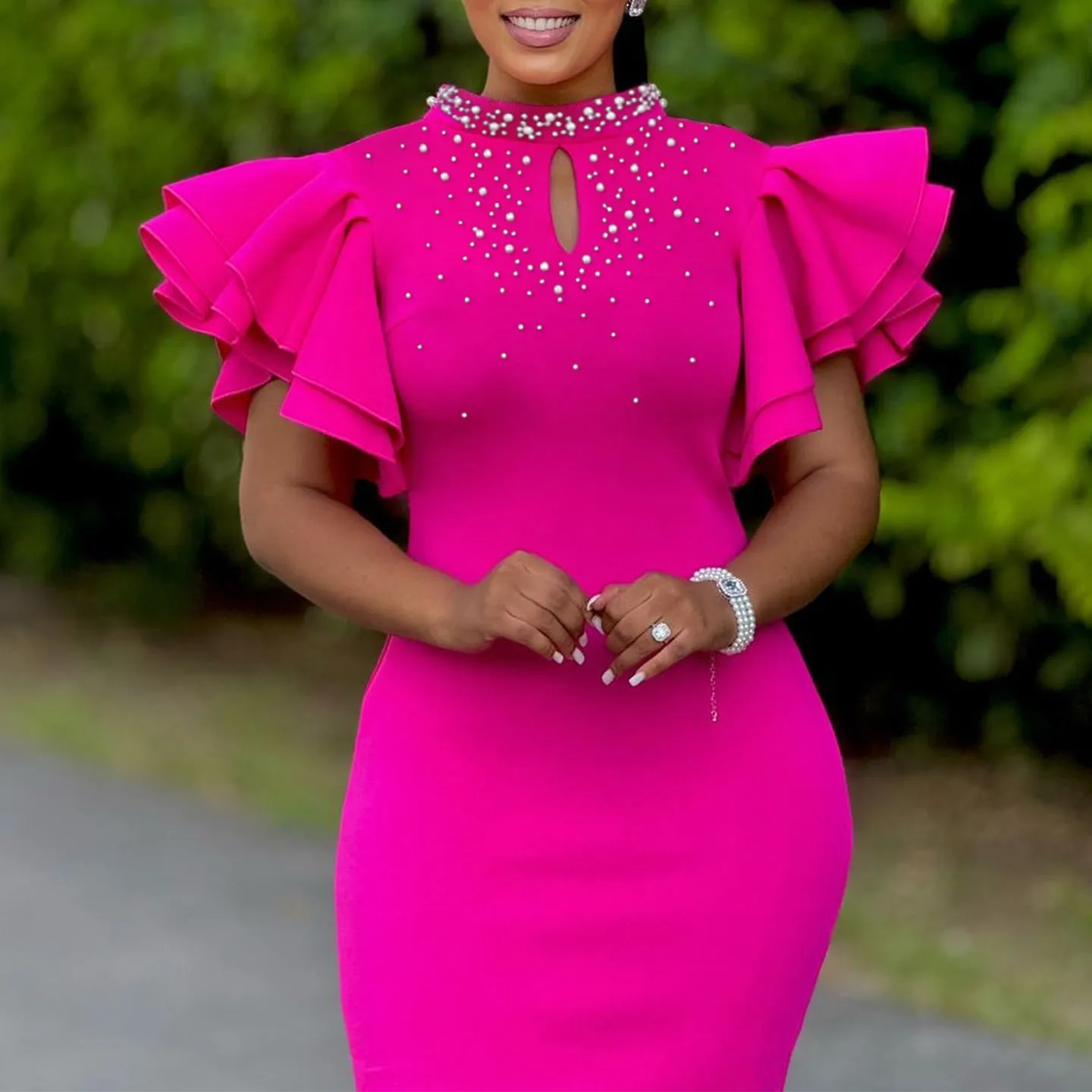 Glamorous Ruffle Sleeve Keyhole Dress with Elegant Beading