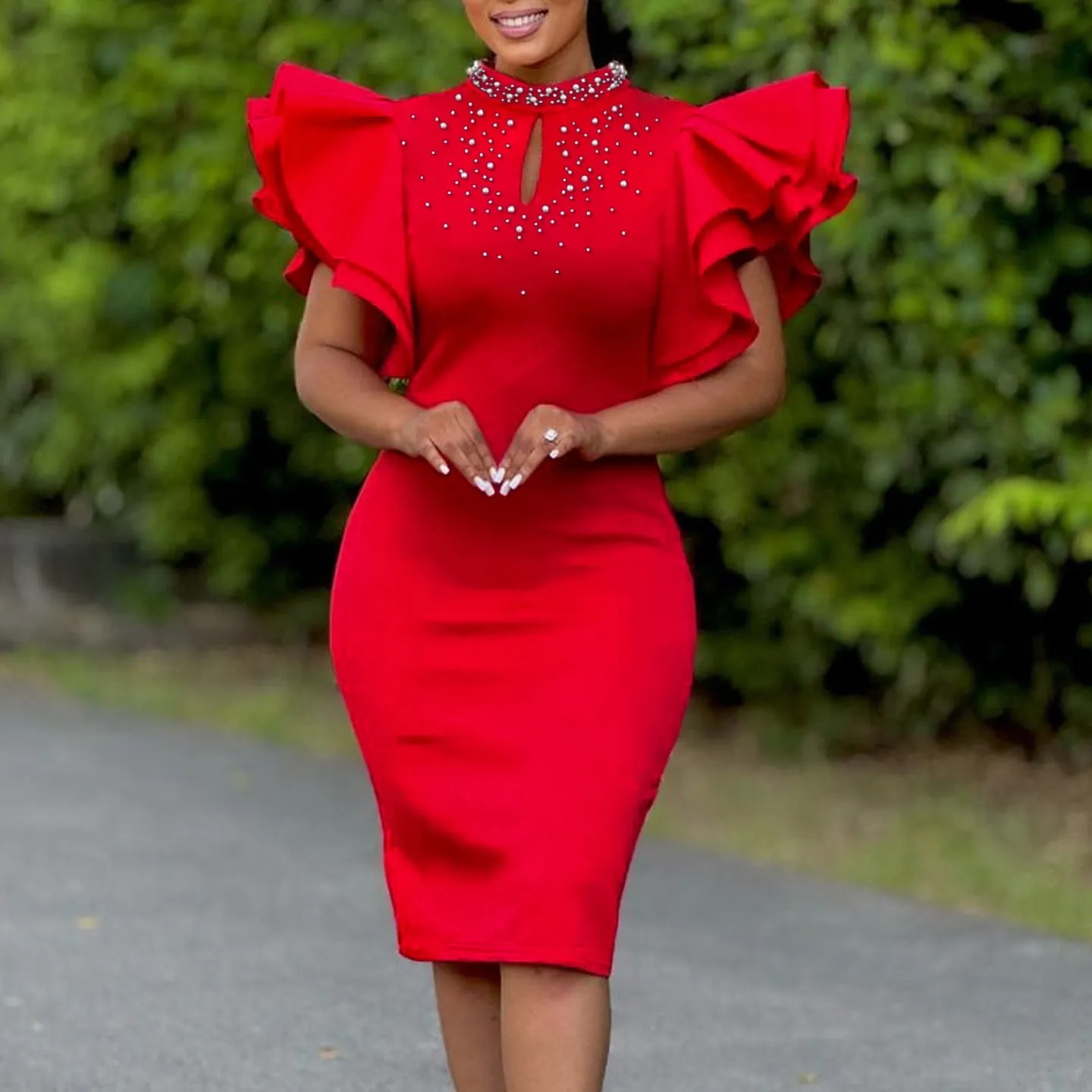 Glamorous Ruffle Sleeve Keyhole Dress with Elegant Beading