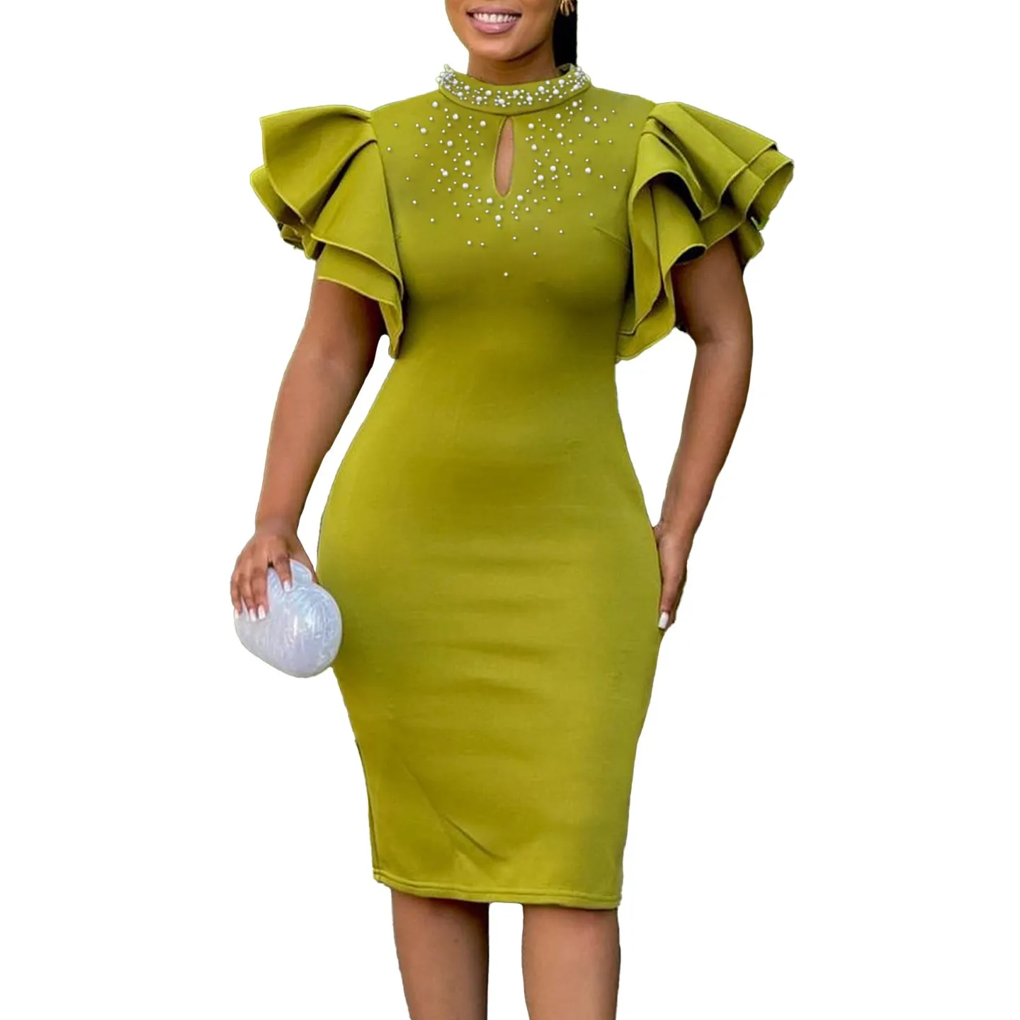 Glamorous Ruffle Sleeve Keyhole Dress with Elegant Beading
