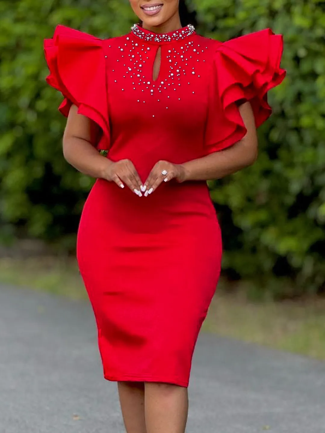 Glamorous Ruffle Sleeve Keyhole Dress with Elegant Beading