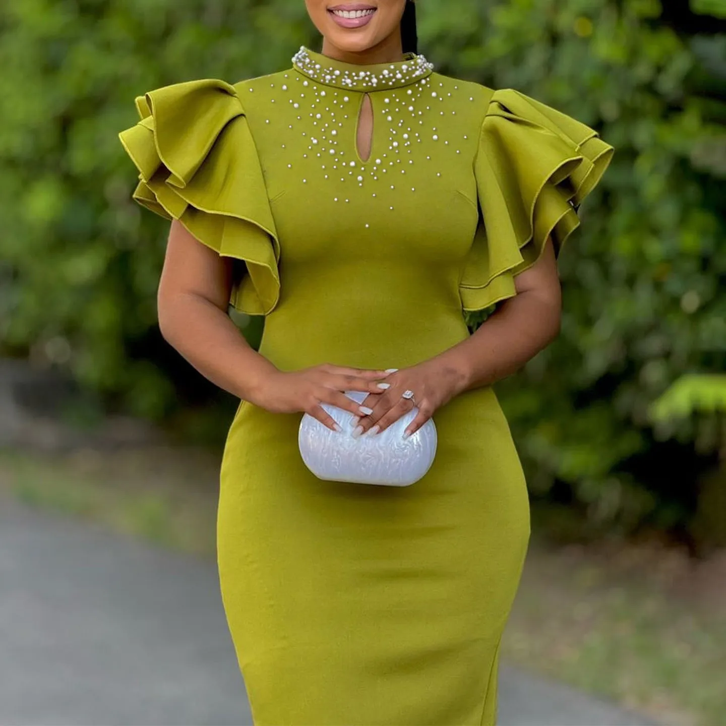 Glamorous Ruffle Sleeve Keyhole Dress with Elegant Beading