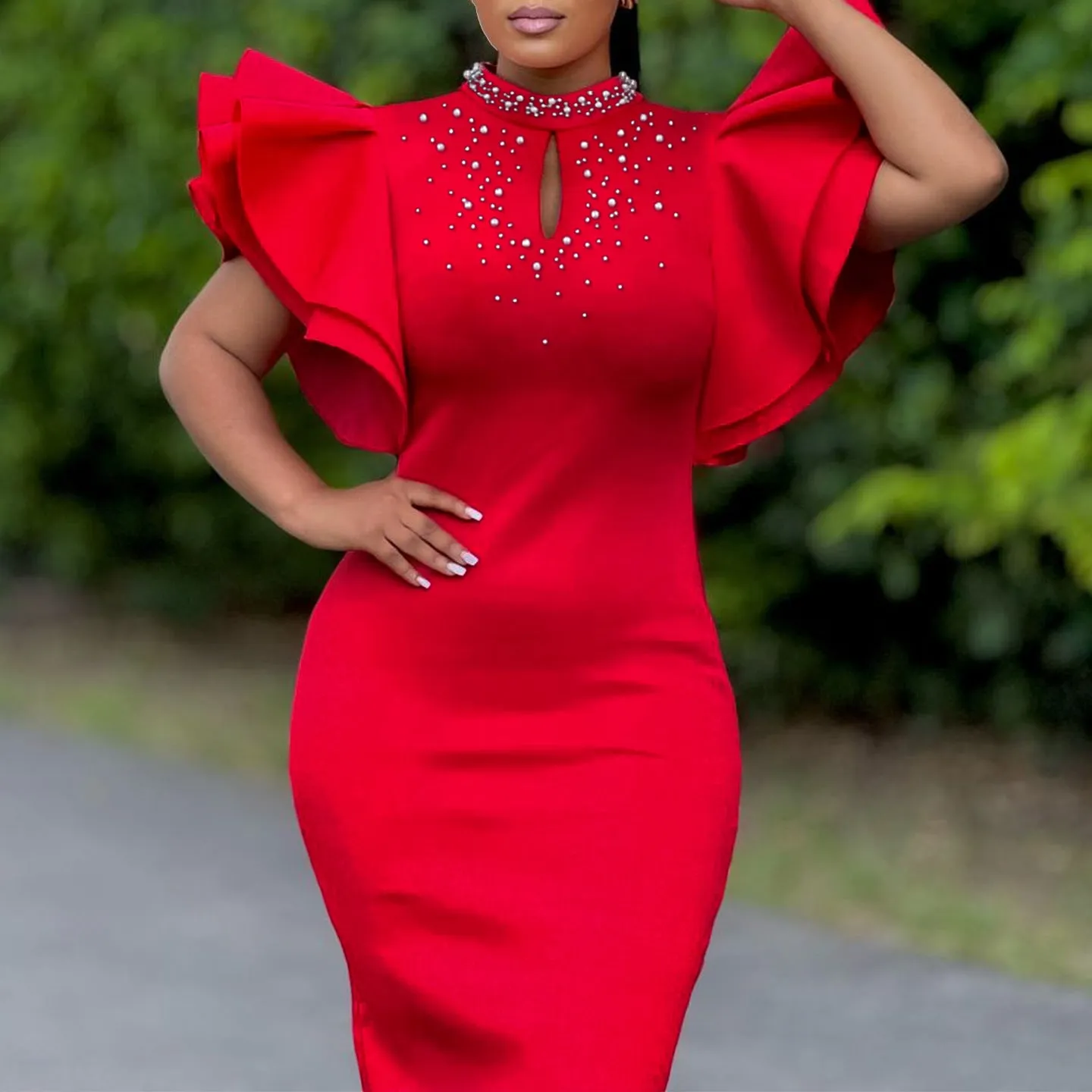 Glamorous Ruffle Sleeve Keyhole Dress with Elegant Beading