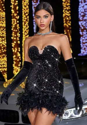 Glamorous Strapless Sequin Mini Dress with Feather Trim Elegance