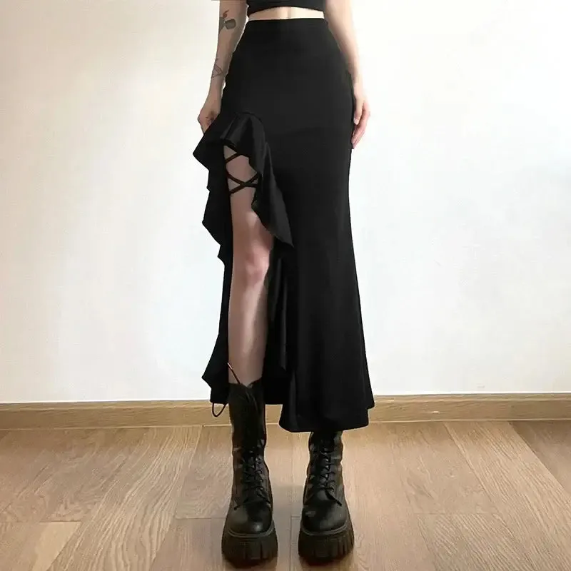 Gothic High Waist Split Skirt | Y2K Bodycon Streetwear