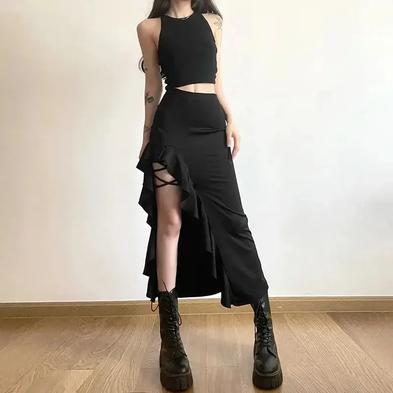Gothic High Waist Split Skirt | Y2K Bodycon Streetwear