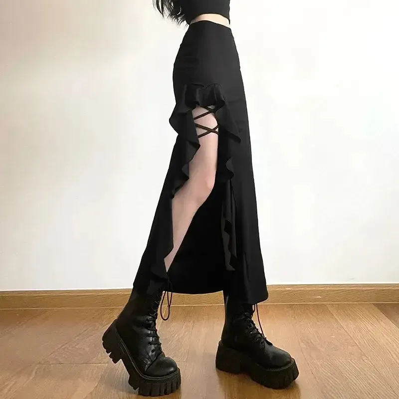 Gothic High Waist Split Skirt | Y2K Bodycon Streetwear