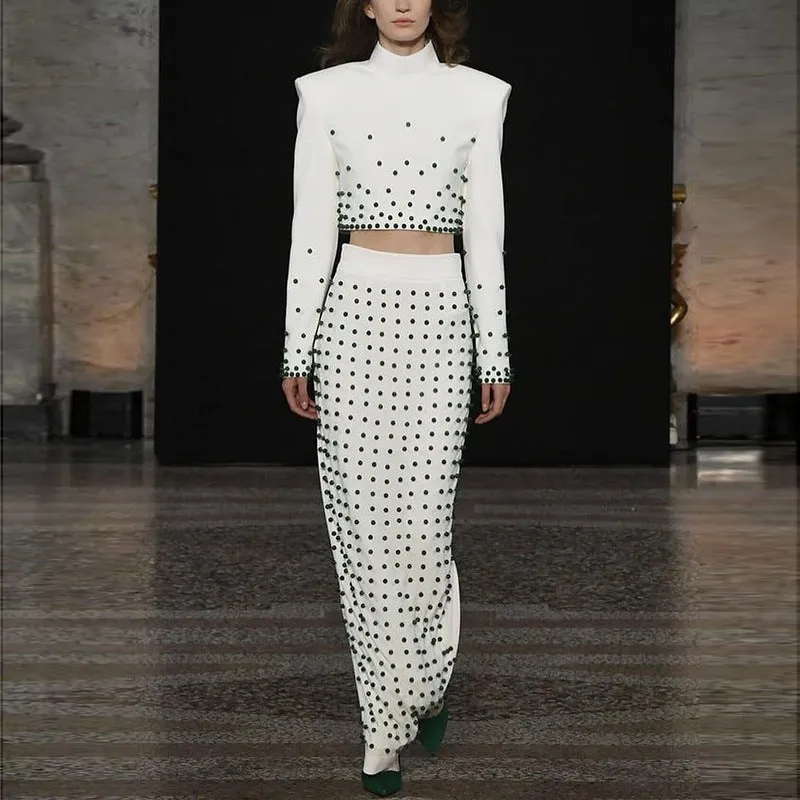 High-Fashion Beaded Crop Top and Maxi Skirt Set for Modern Elegance