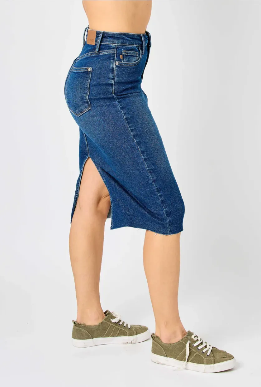 High Waist Mid Length Denim Skirt
