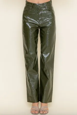 High Waisted Wide Leg Glossy Leather Pants
