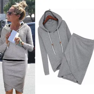 Irregular Lep Full Sleeve Woman Two-Piece Set Hooded Front Black Gray Color Elastic Waist Ropa Mujer Sexy Woman two-set clothes