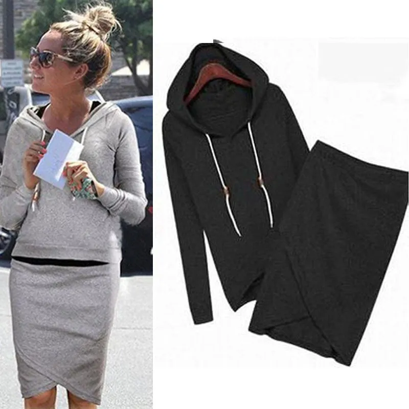 Irregular Lep Full Sleeve Woman Two-Piece Set Hooded Front Black Gray Color Elastic Waist Ropa Mujer Sexy Woman two-set clothes