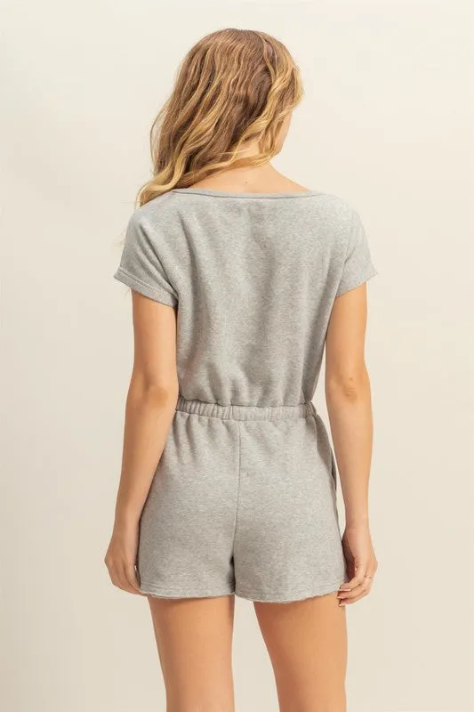 Light Gray Short Sleeve Drawstring Waist Romper