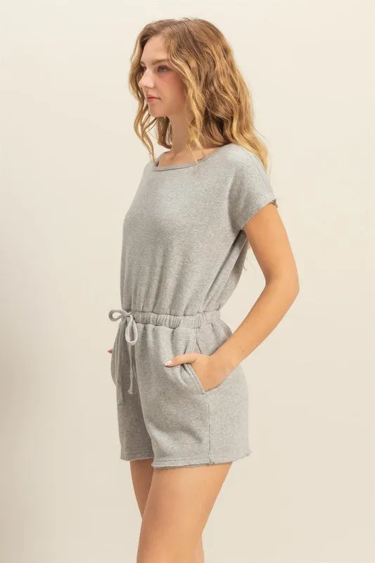 Light Gray Short Sleeve Drawstring Waist Romper