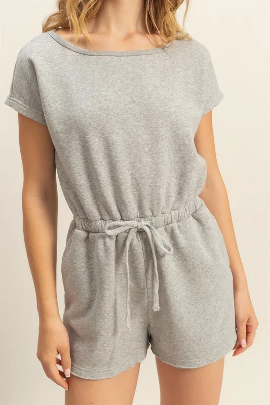 Light Gray Short Sleeve Drawstring Waist Romper