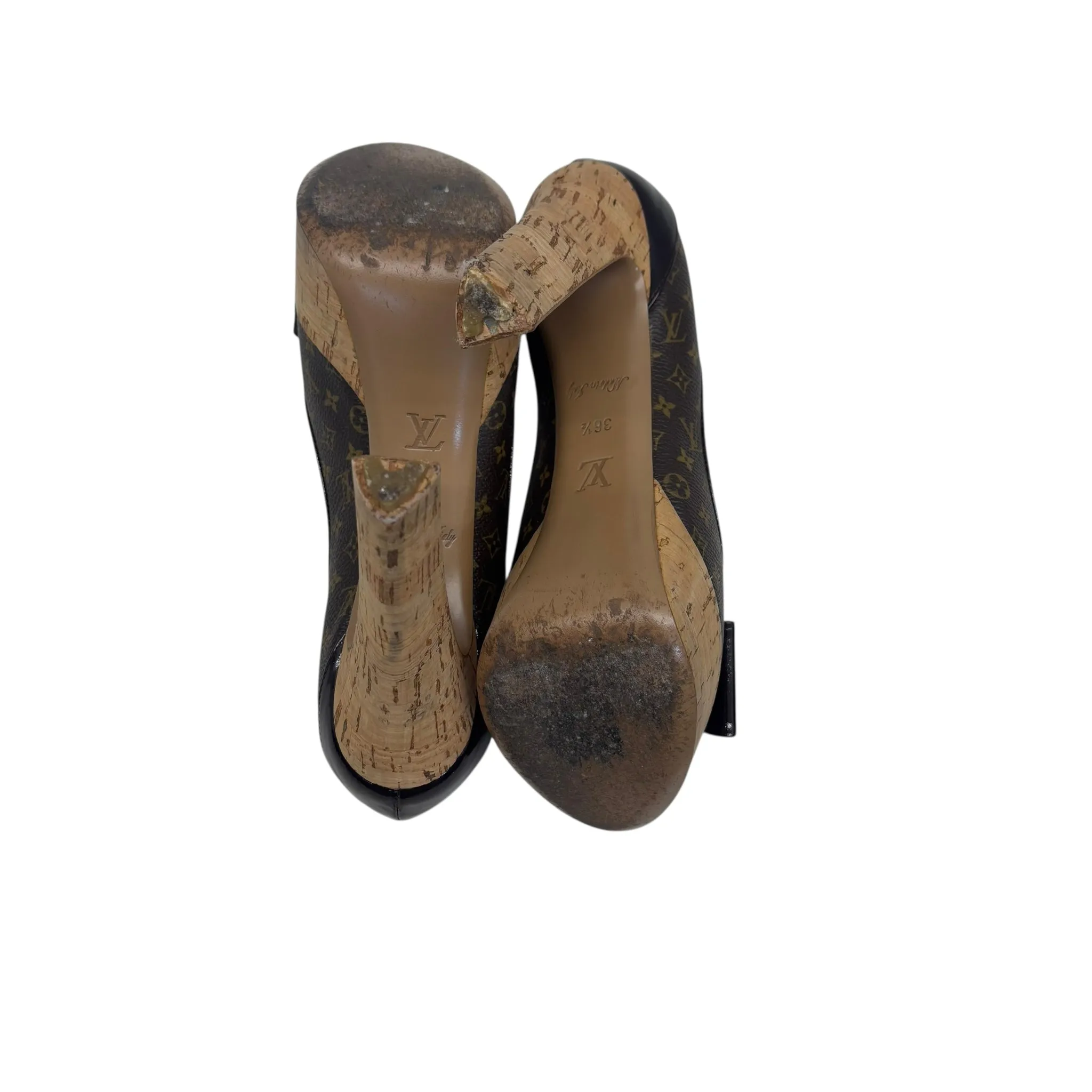 Louis Vuitton Monogram Canvas and Patent Leather Rivoli Cork Peep-Toe Platform Pumps EU 36.5