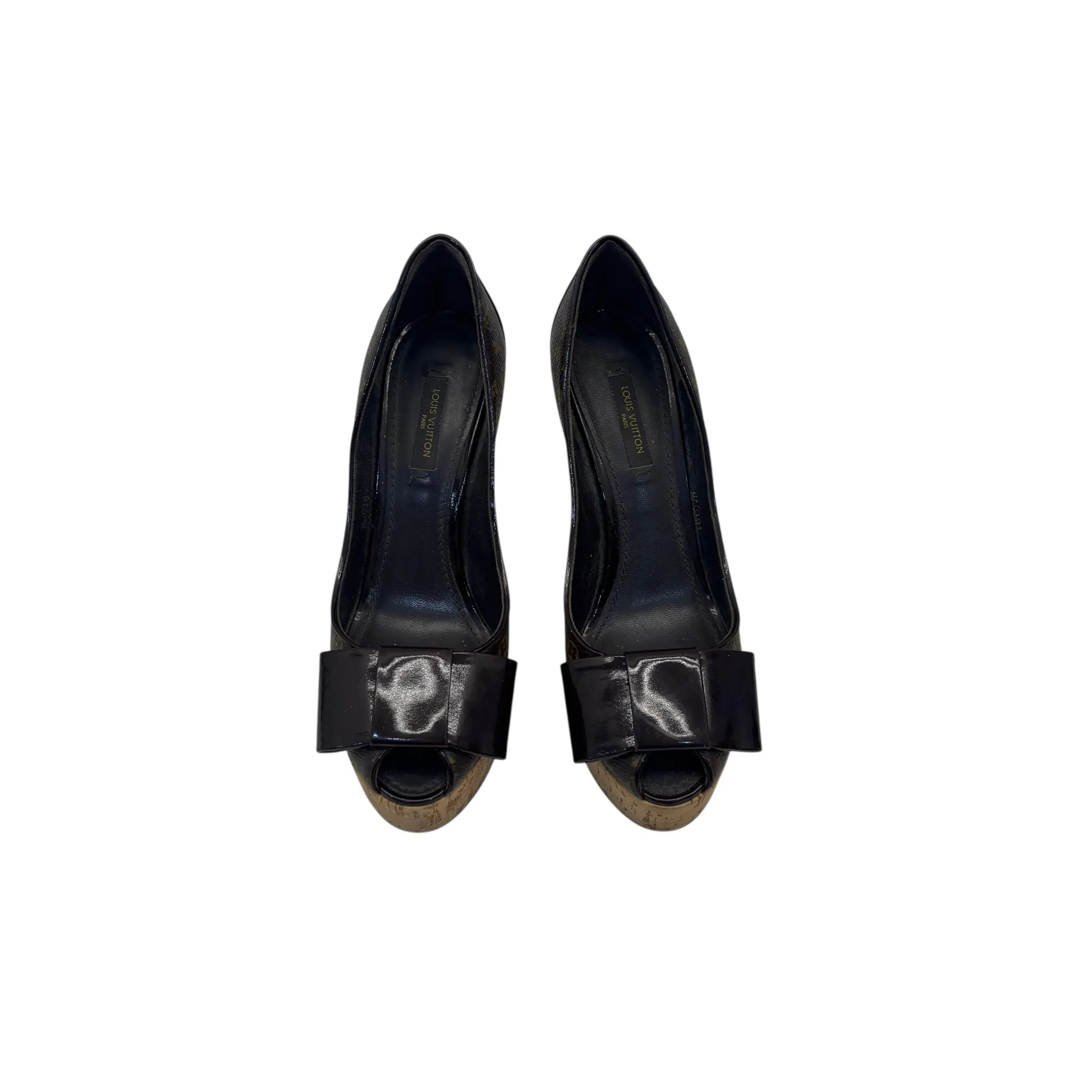 Louis Vuitton Monogram Canvas and Patent Leather Rivoli Cork Peep-Toe Platform Pumps EU 36.5