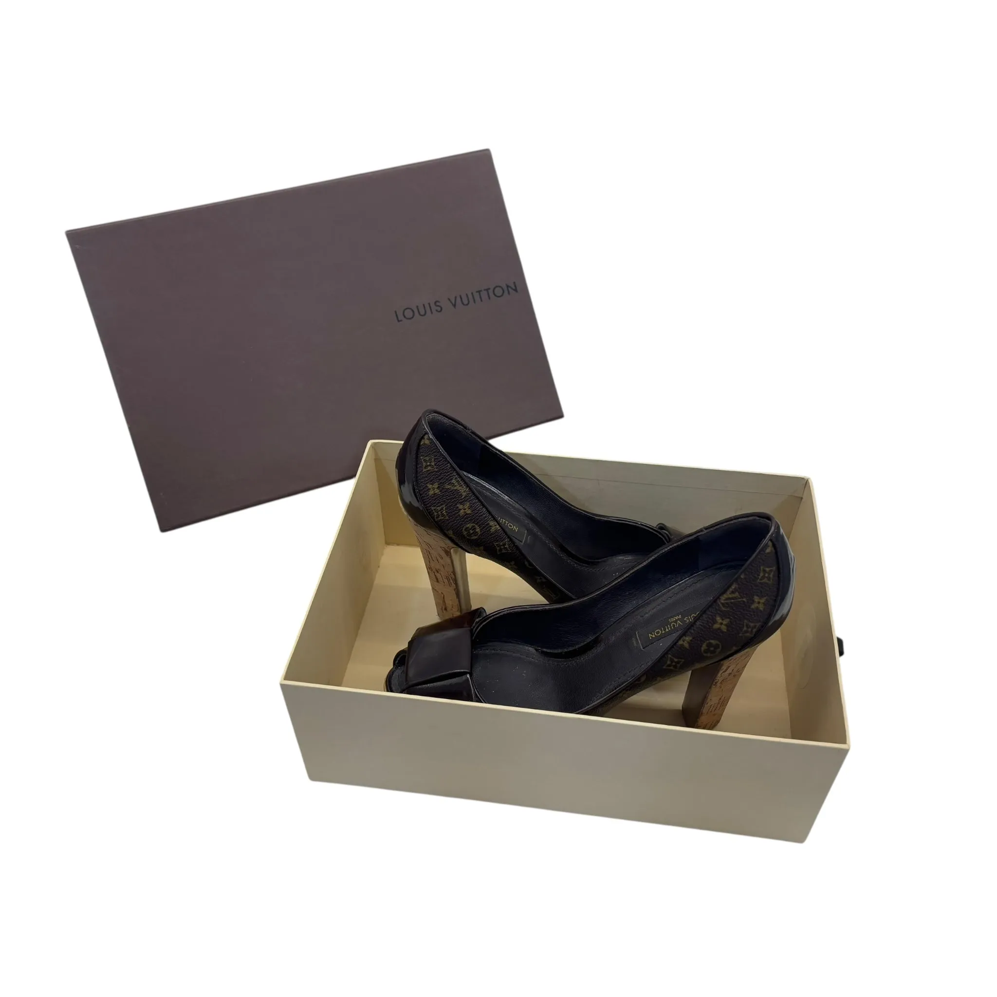 Louis Vuitton Monogram Canvas and Patent Leather Rivoli Cork Peep-Toe Platform Pumps EU 36.5