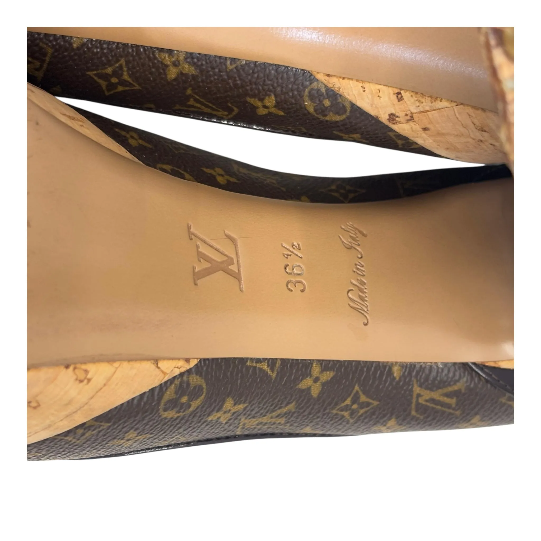 Louis Vuitton Monogram Canvas and Patent Leather Rivoli Cork Peep-Toe Platform Pumps EU 36.5