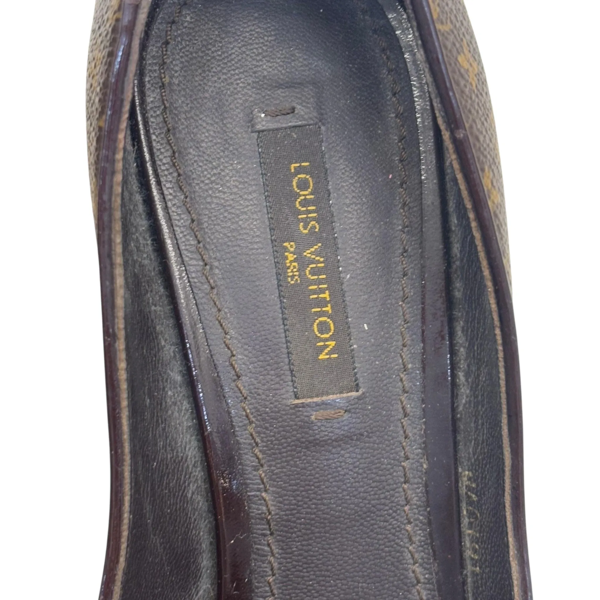 Louis Vuitton Monogram Canvas and Patent Leather Rivoli Cork Peep-Toe Platform Pumps EU 36.5