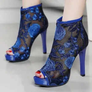 Mesh Sandals Boots Woman High Heels Lace Boots Women Summer Shoes Embroidery Flower Peep Toe Black