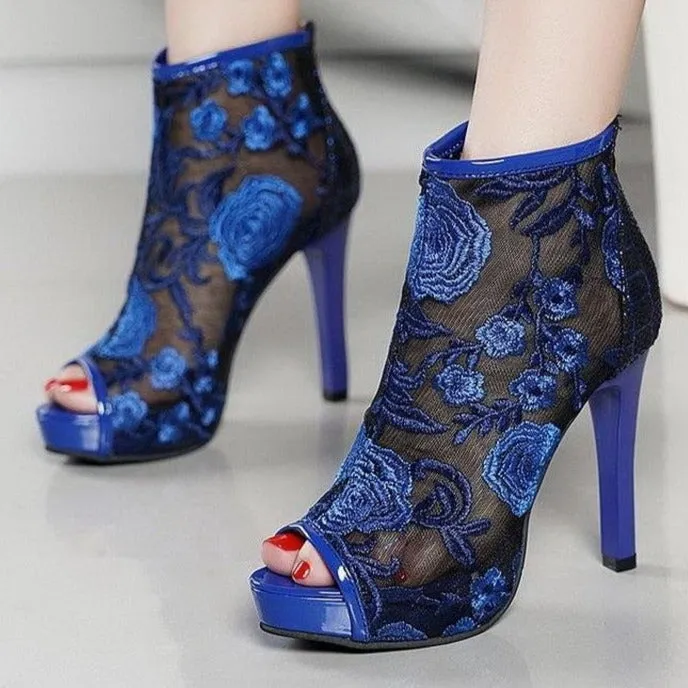 Mesh Sandals Boots Woman High Heels Lace Boots Women Summer Shoes Embroidery Flower Peep Toe Black