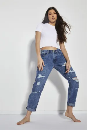 Mid Stone Distressed Low-Rise-Jeans