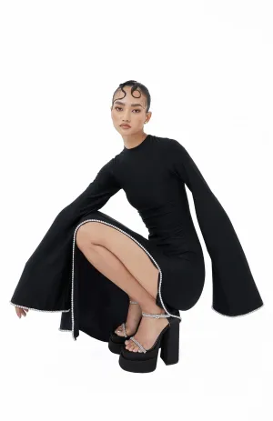 Midnight Bell Swarovski Slit Gown | Black Gown Bell Sleeves