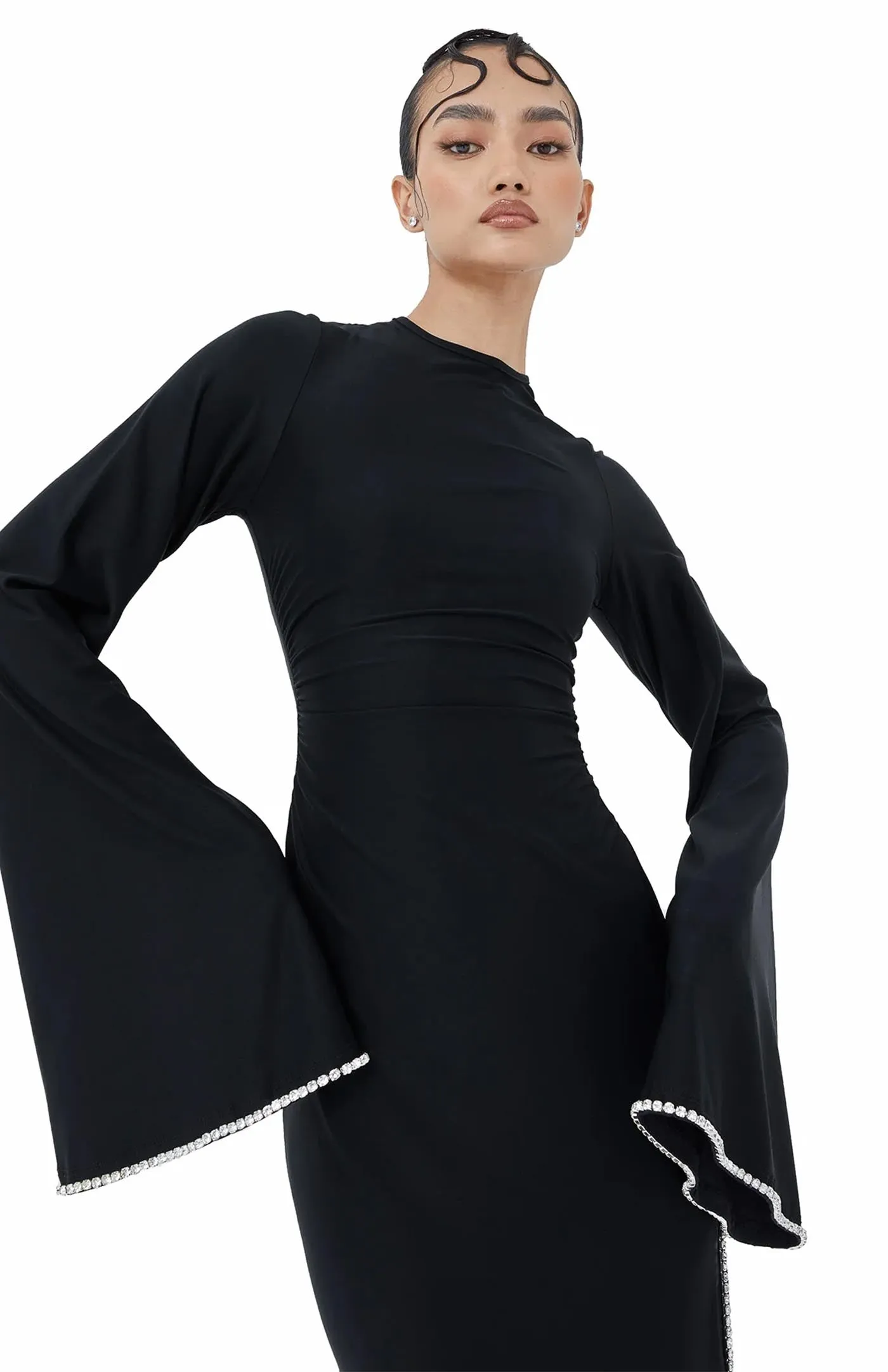 Midnight Bell Swarovski Slit Gown | Black Gown Bell Sleeves
