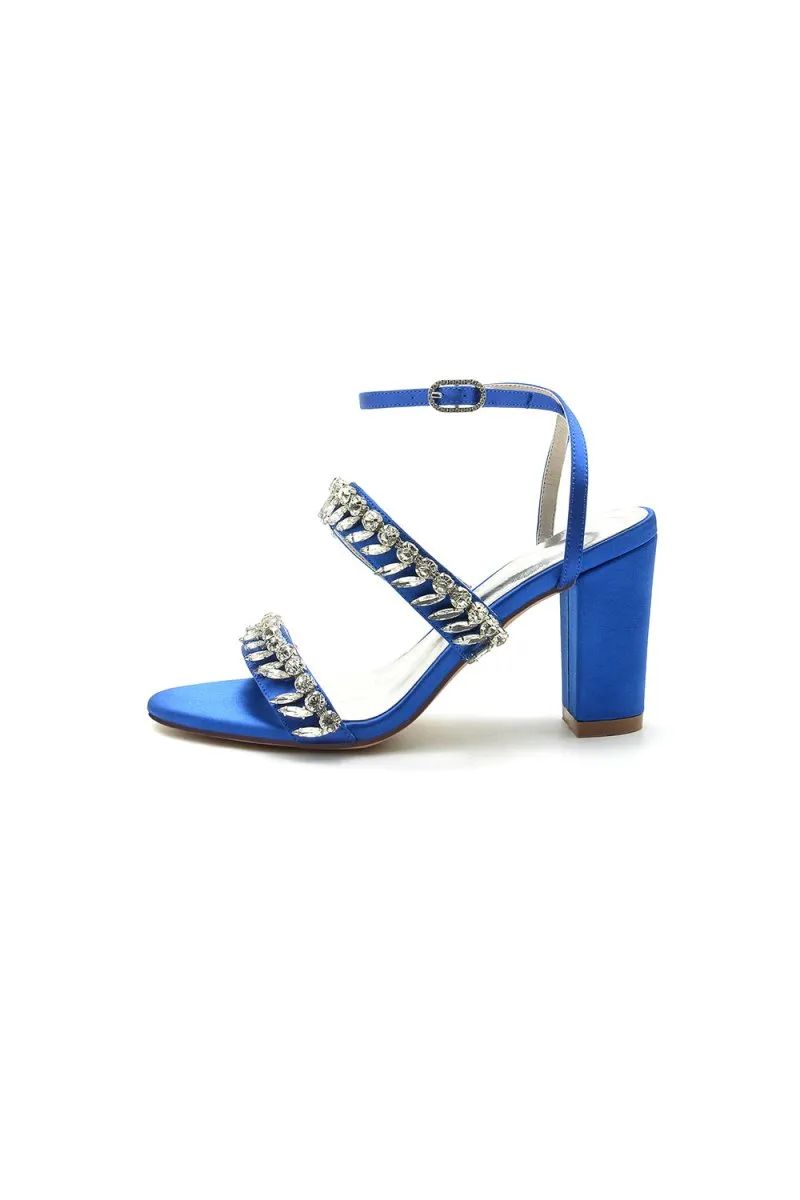 Navy Blue Evening Heels with Sequins and Chain Decor