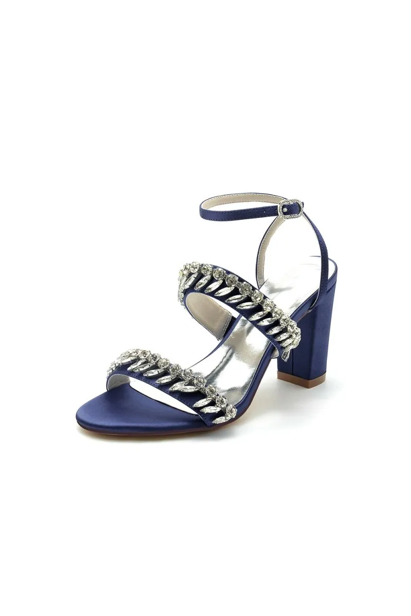 Navy Blue Evening Heels with Sequins and Chain Decor