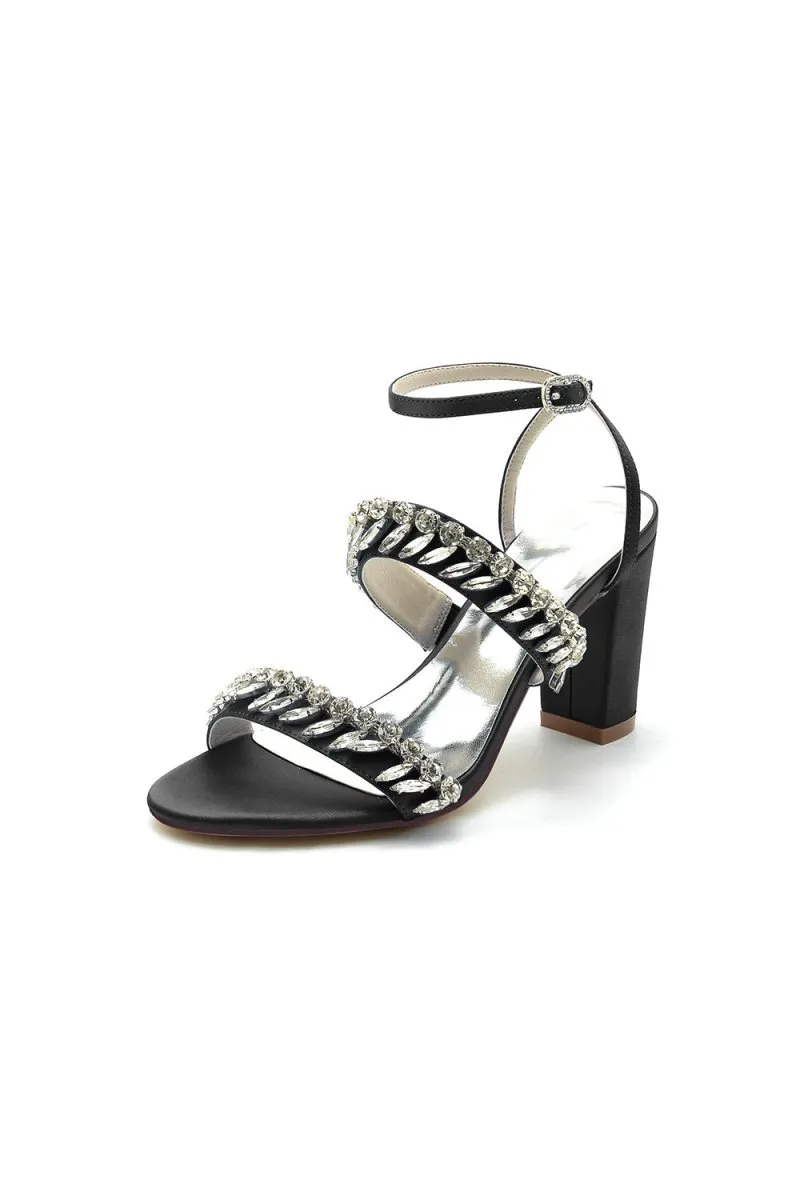 Navy Blue Evening Heels with Sequins and Chain Decor