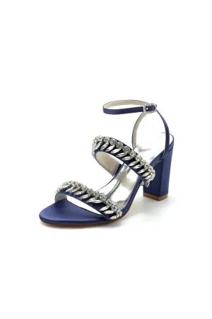 Navy Blue Evening Heels with Sequins and Chain Decor