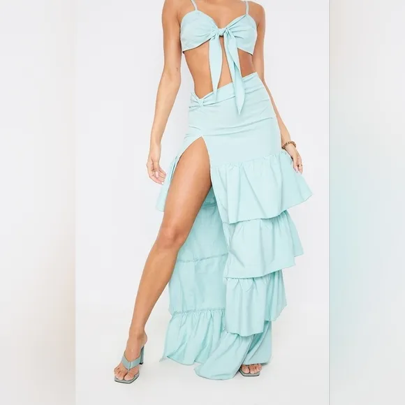 NWT PLT Mint Green Tie Front Cami Top and Ruffle Maxi Skirt