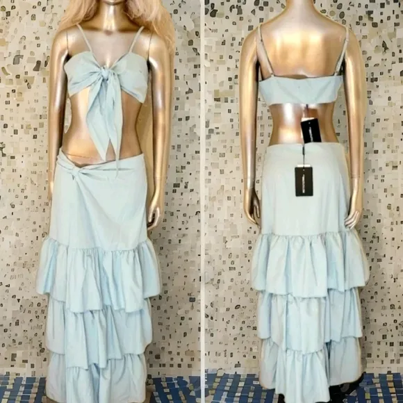 NWT PLT Mint Green Tie Front Cami Top and Ruffle Maxi Skirt