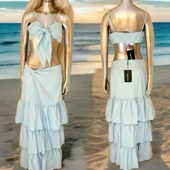 NWT PLT Mint Green Tie Front Cami Top and Ruffle Maxi Skirt