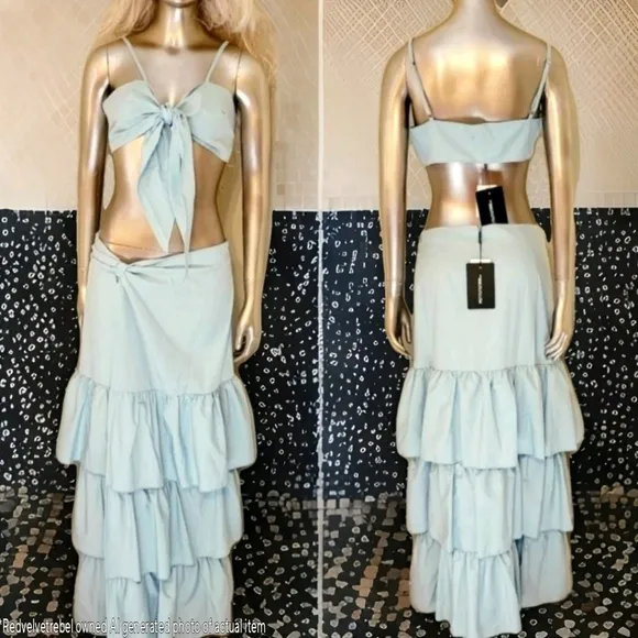 NWT PLT Mint Green Tie Front Cami Top and Ruffle Maxi Skirt