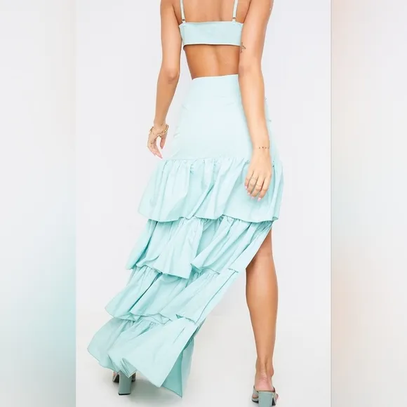 NWT PLT Mint Green Tie Front Cami Top and Ruffle Maxi Skirt