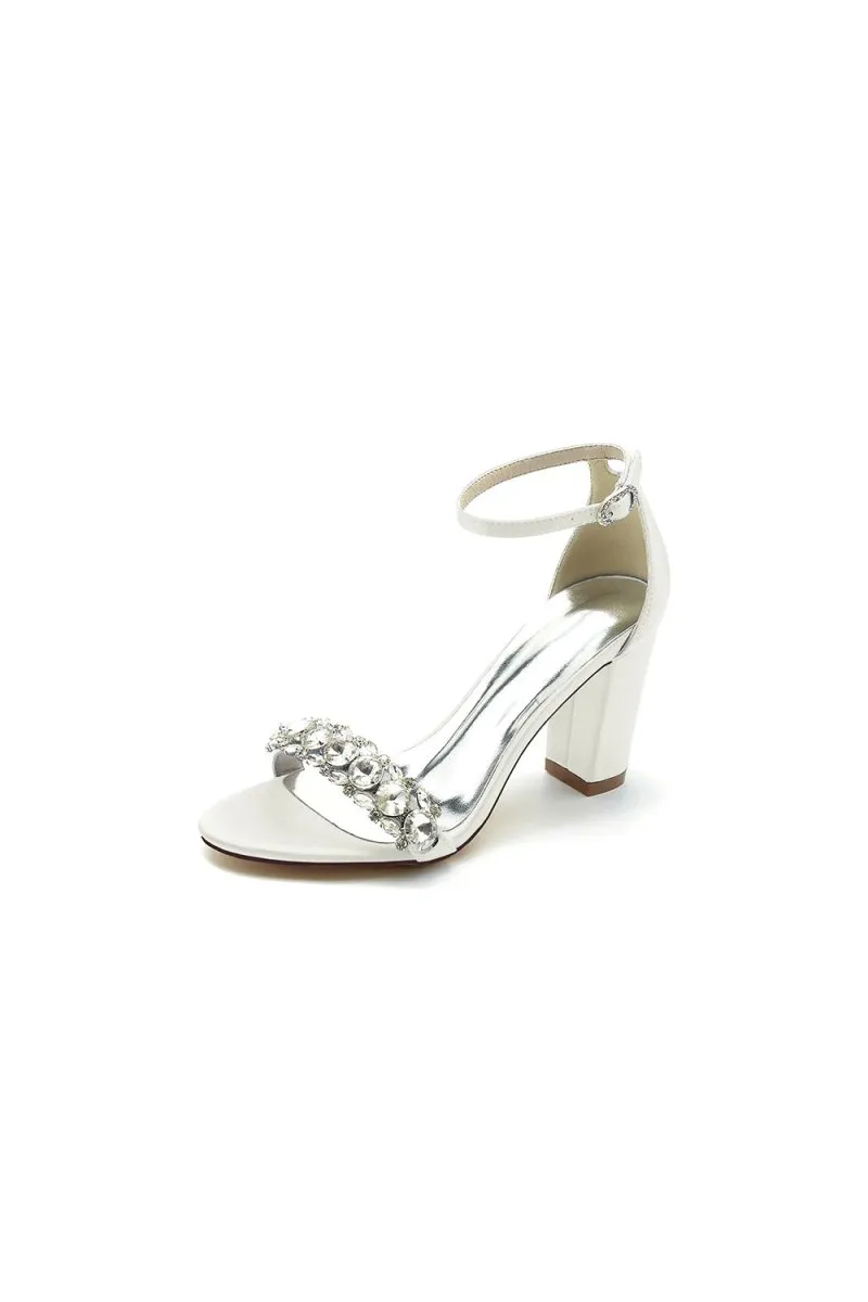 Open Toe Chunky Heels with Rhinestone