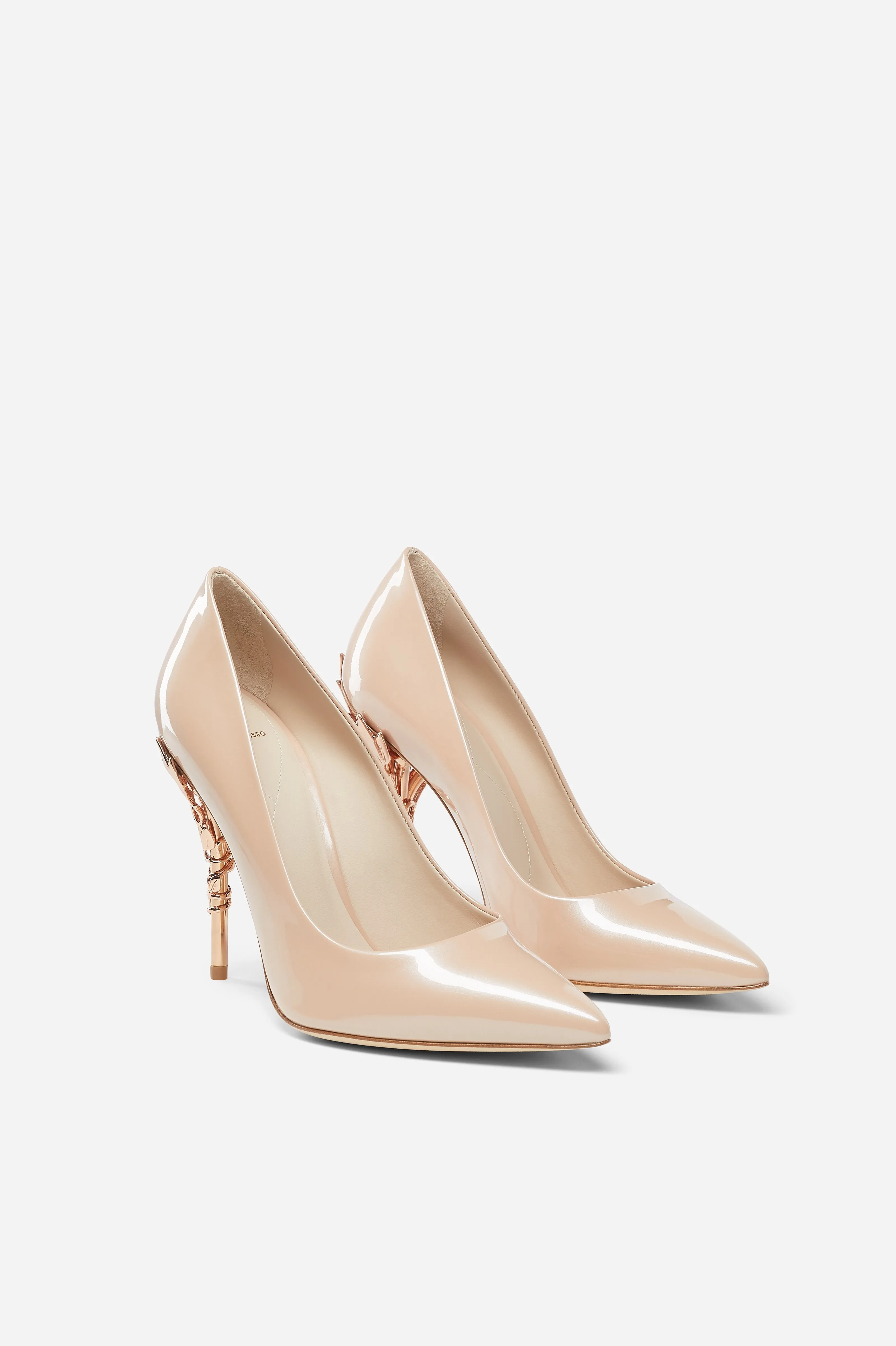 Pink Patent Leather Eden Heels with Rose Gold Leaves