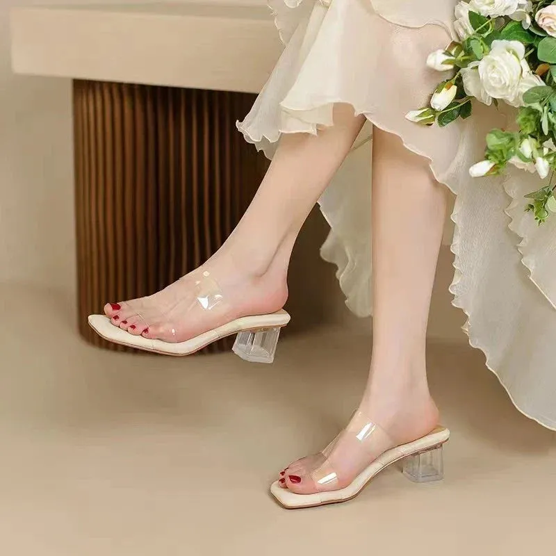 Platform Sandals for Women Fashion Transparent Pvc High Heel Clear Square Heels Slippers