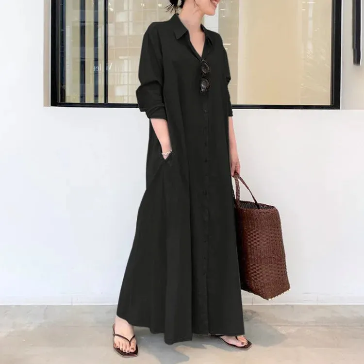 Plus Size Cotton Linen Pocket Maxi Dress