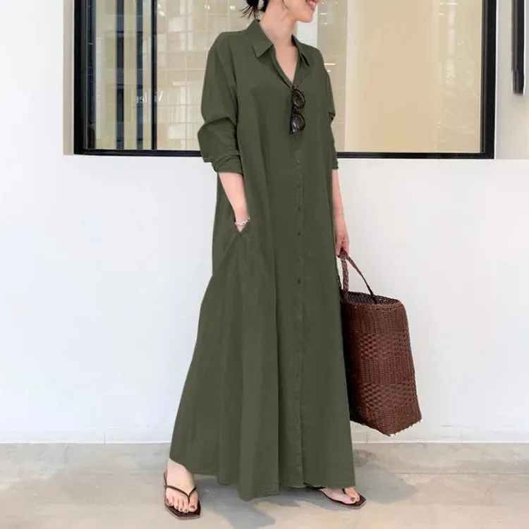 Plus Size Cotton Linen Pocket Maxi Dress