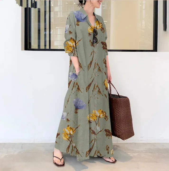 Plus Size Cotton Linen Pocket Maxi Dress