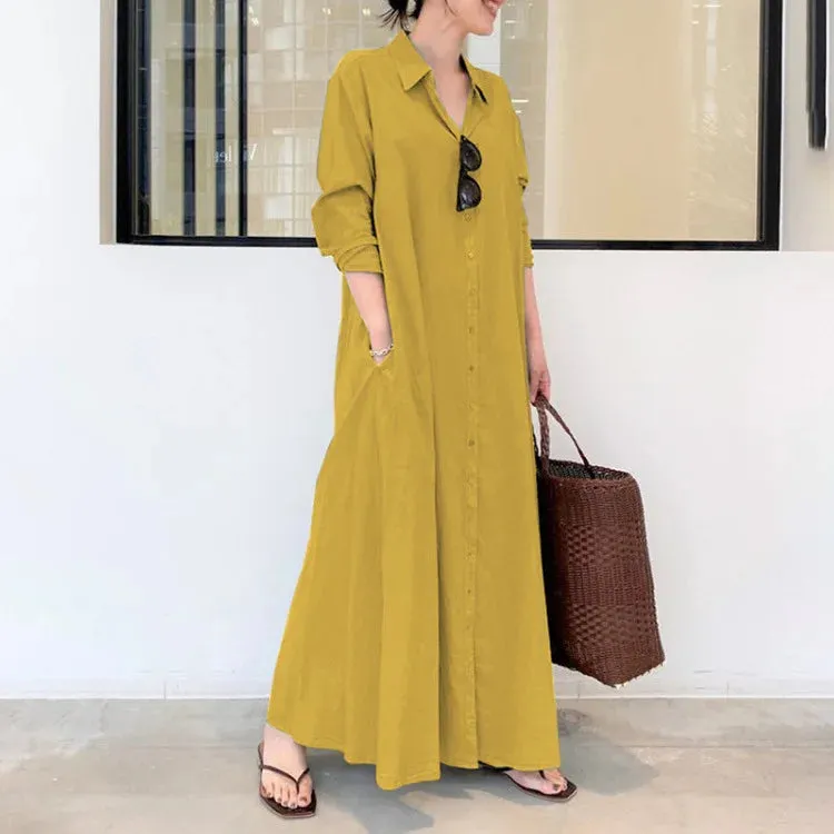 Plus Size Cotton Linen Pocket Maxi Dress