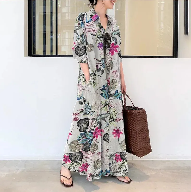 Plus Size Cotton Linen Pocket Maxi Dress