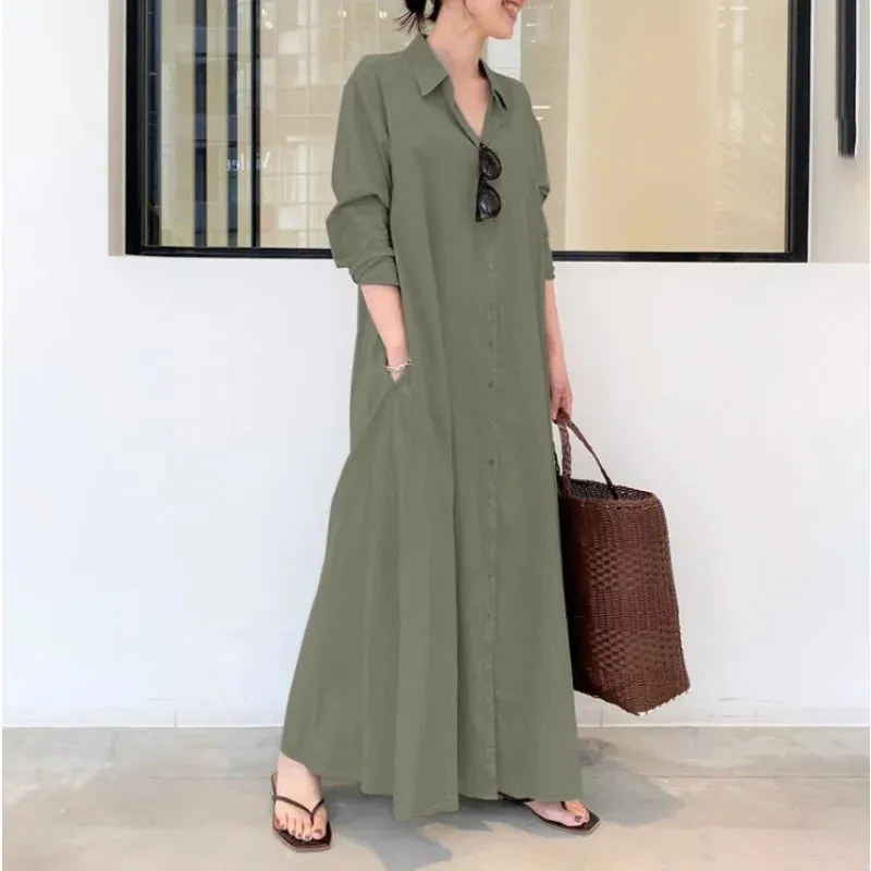 Plus Size Cotton Linen Pocket Maxi Dress