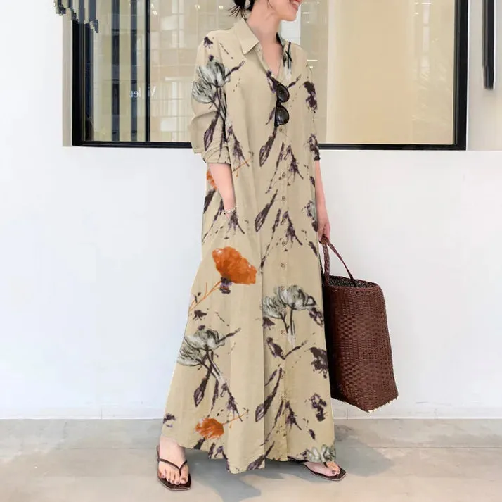 Plus Size Cotton Linen Pocket Maxi Dress
